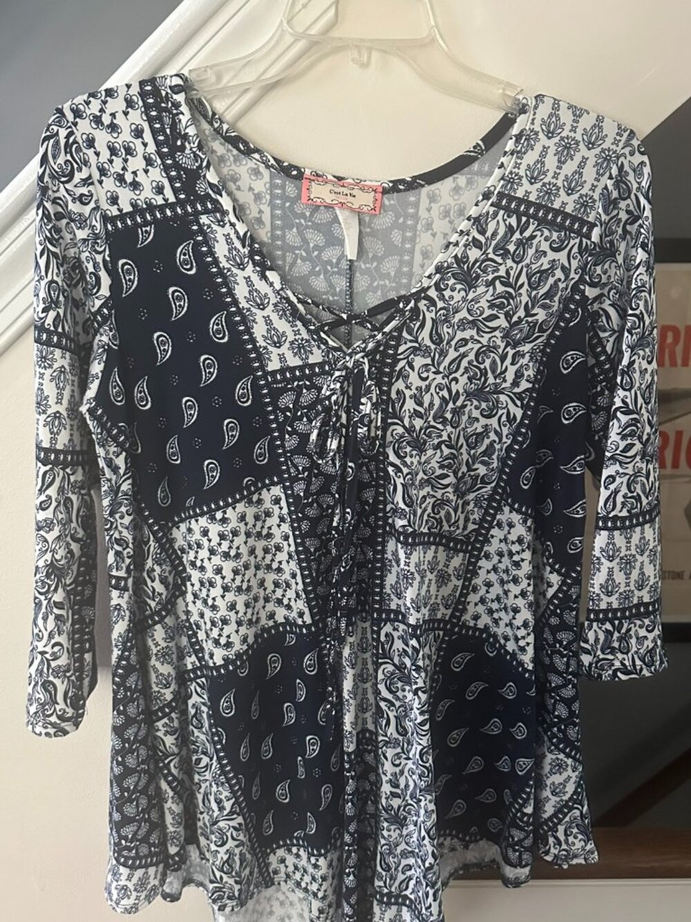 C’est La Vie Patchwork Print Lace‑Up Blouse – Size S
